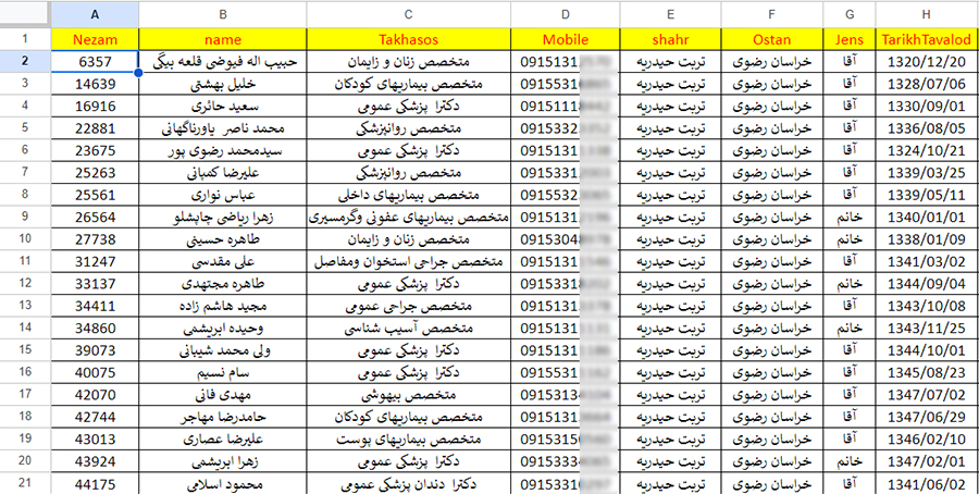 شماره موبایل پزشکان تربت حیدریه