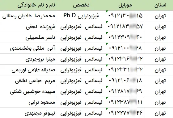 شماره موبایل فیزیوتراپی های کشور