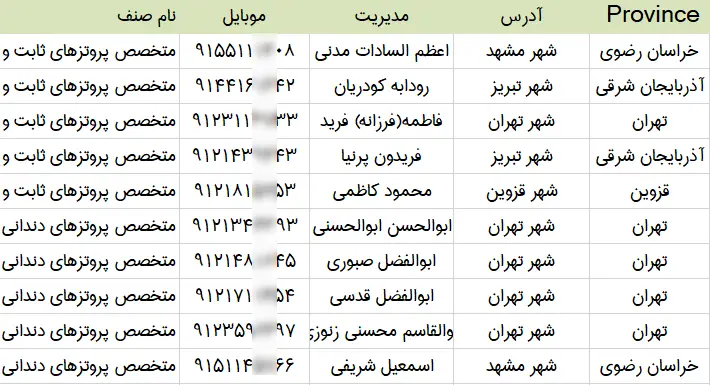 اطلاعات و شماره موبایل پزشکان پروتز
