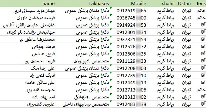 بانک شماره موبایل پزشکان رباط کریم