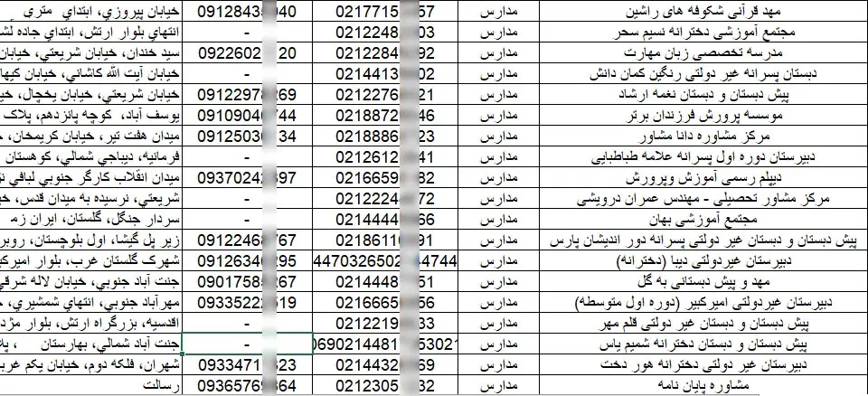 شماره موبایل و تلفن مدیران مدارس تهران