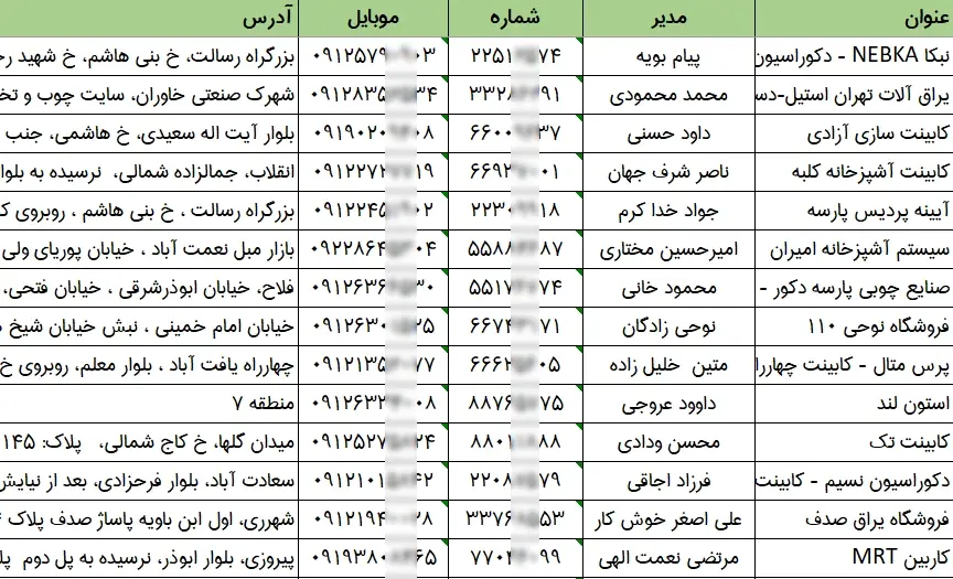 شماره موبایل و تلفن کابینت سازان تهران