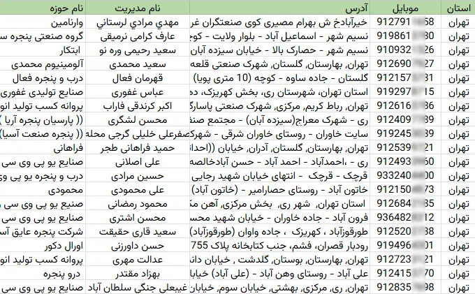 شماره موبایل و تلفن فروشندگان درب و پنجره تهران