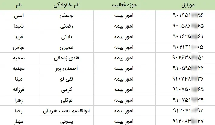 شماره تلفن و موبایل کارشناسان امور بیمه ایران