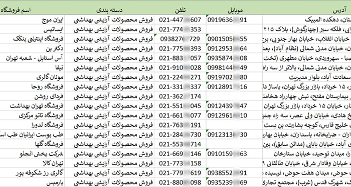 شماره موبایل و تلفن فروشندگان لوازم آرایشی تهران