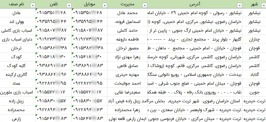 بانک اطلاعات اسباب بازی فروشی های استان خراسان رضوی